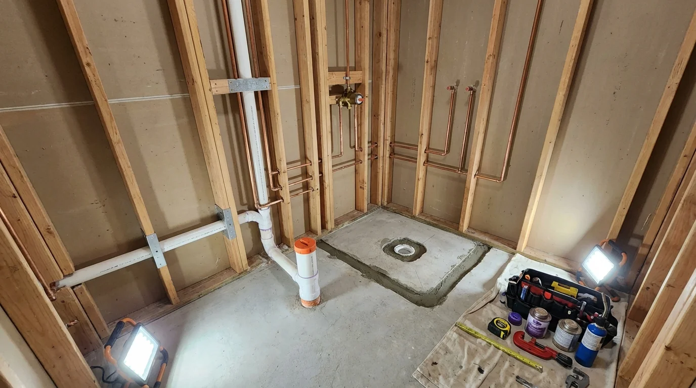 Bathroom rough-in plumbing during remodel by Johns Plumbing LLC in Eagle Pass